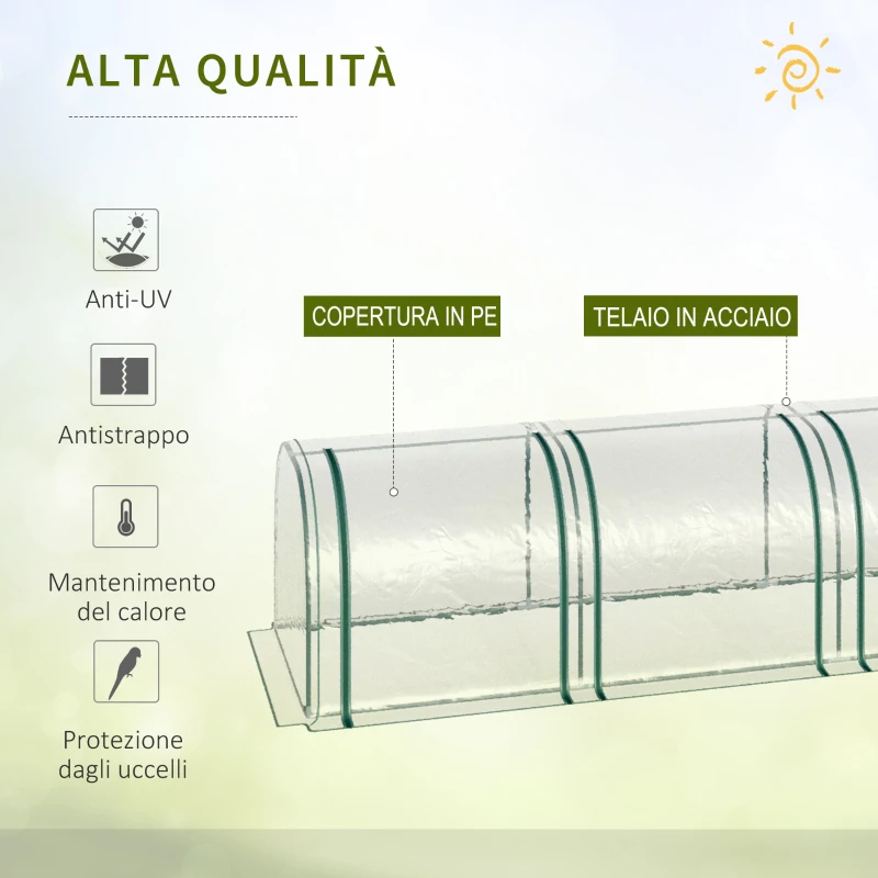 Outsunny Serra da Giardino a Tunnel con 4 Porte Avvolgibili in Acciaio e PVC Trasparente 395x100x80cm