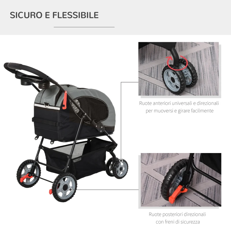 PawHut Passeggino per Cani Design 5 in 1 Piccoli Max. 8kg con Trasportino Staccabile, Passeggino per Gatti Pieghevole, Nero Grigio, 100x45x92cm