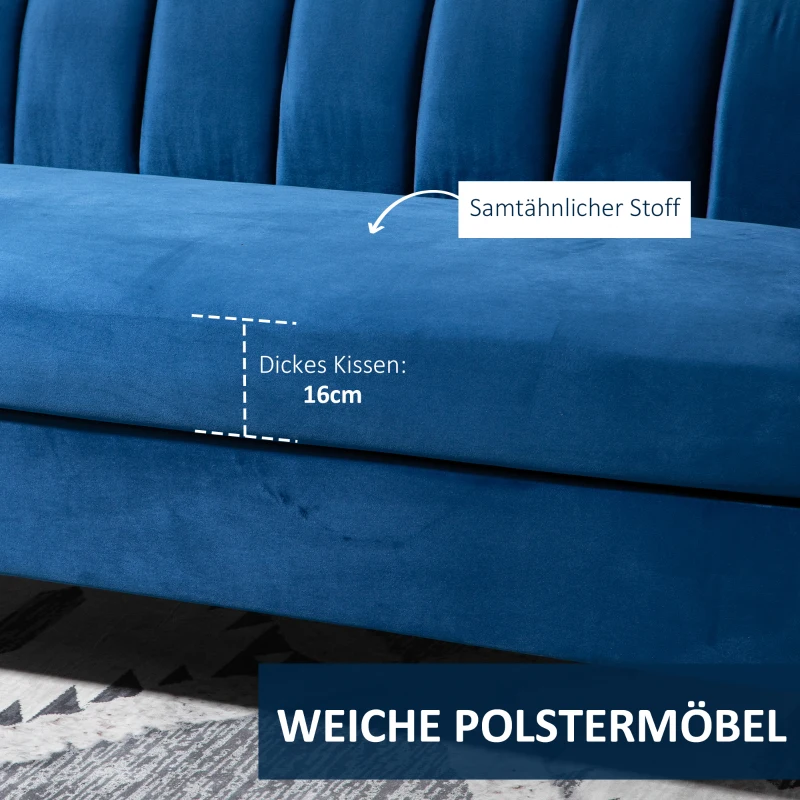 HOMCOM 3-zits bank gestoffeerde bank stoffen bank zitmeubels bank woonkamer bank met armleuningen gouden stalen poten velvet touch blauw 181 x 86 x 78 cm