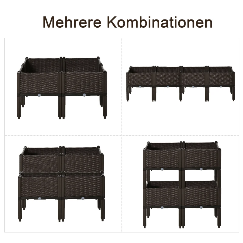 Outsunny verhoogd bed 4-delige plantenbak met drainagegaten rotan look bloembak DIY bruin 40 x 40 x 44 cm