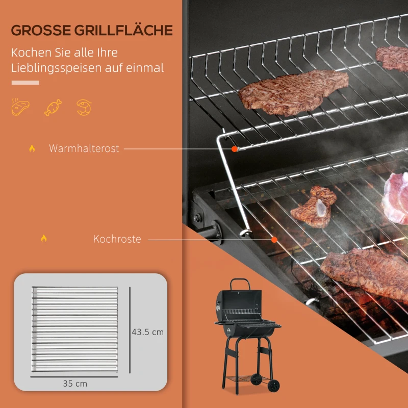 Outsunny Houtskoolgrill BBQ Tuingrill met Deksel en Planken Effectieve Hittebestendige Metalen Roker BBQ Warmhoudplaten Planken Tuinfeest Transportwielen Zwart 68 x 63 x 102 cm