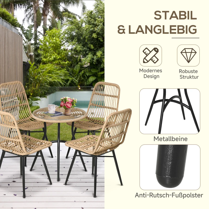 Outsunny 5-delige Polyrattan tuinmeubelset, eettafel met 4 stoelen, tuinmeubel met bijzettafel, tuinset, buiten, metaal, naturel