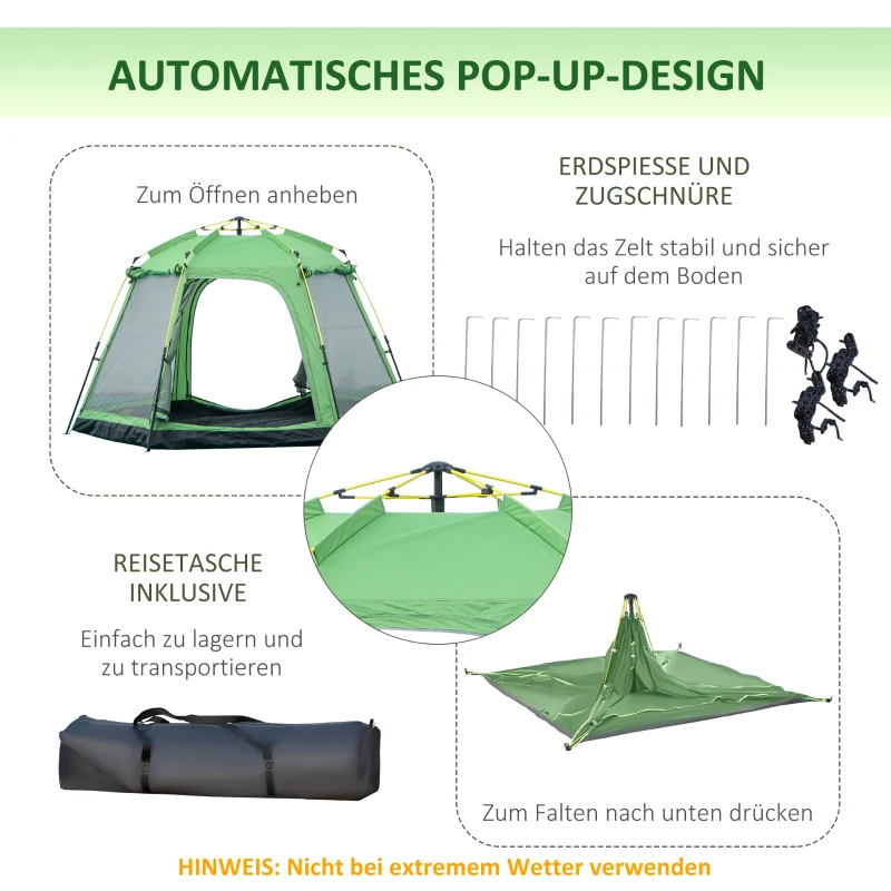 Outsunny Kampeertent 6 Persoons Tent Familietent Koepeltent PU2000mm Gemakkelijk op te zetten voor gezinnen Trekking Festival Staal Glasvezel Groen 320 x 320 x 180 cm