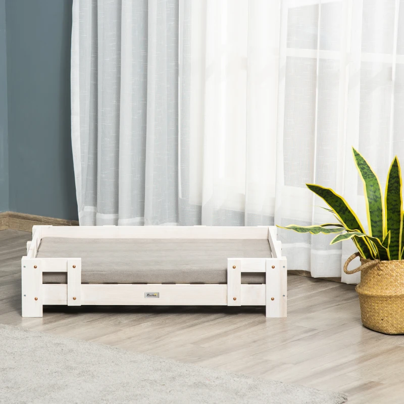 PawHut verhoogd hondenbed met kussen en houten frame Hondenbank Hondenbed Kattenbank Hondenbank Hondenslaapplaats voor kleine en middelgrote honden Wasbare hoes Wit+grijs 90 x 60 x 20 cm