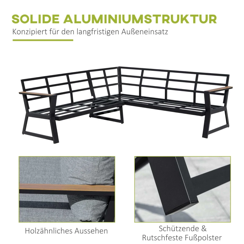 Outsunny 3-delige tuinmeubelset met bijzettafel, balkonmeubelset, bank met kussens, L-vorm, buiten, aluminium grijs