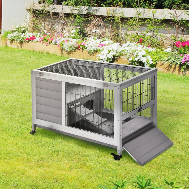 PawHut Kooi voor kleine dieren met Wielen Kooi voor kleine dieren Caviahok Cavia Kooi Kooi voor kleine dieren Dennenhout Grijs 90 x 53 x 59 cm