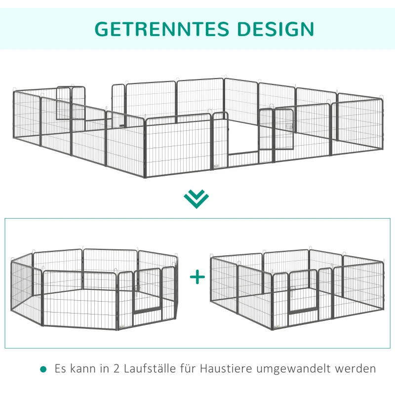 PawHut puppyren buiten 16 segmenten 60 cm hoog Pet Box Puppy Gate Hek Kinderbox Box Hond Behuizing Outdoor Grid Puppy Aanpasbaar met 2 Deuren Staal Grijs(m-7)