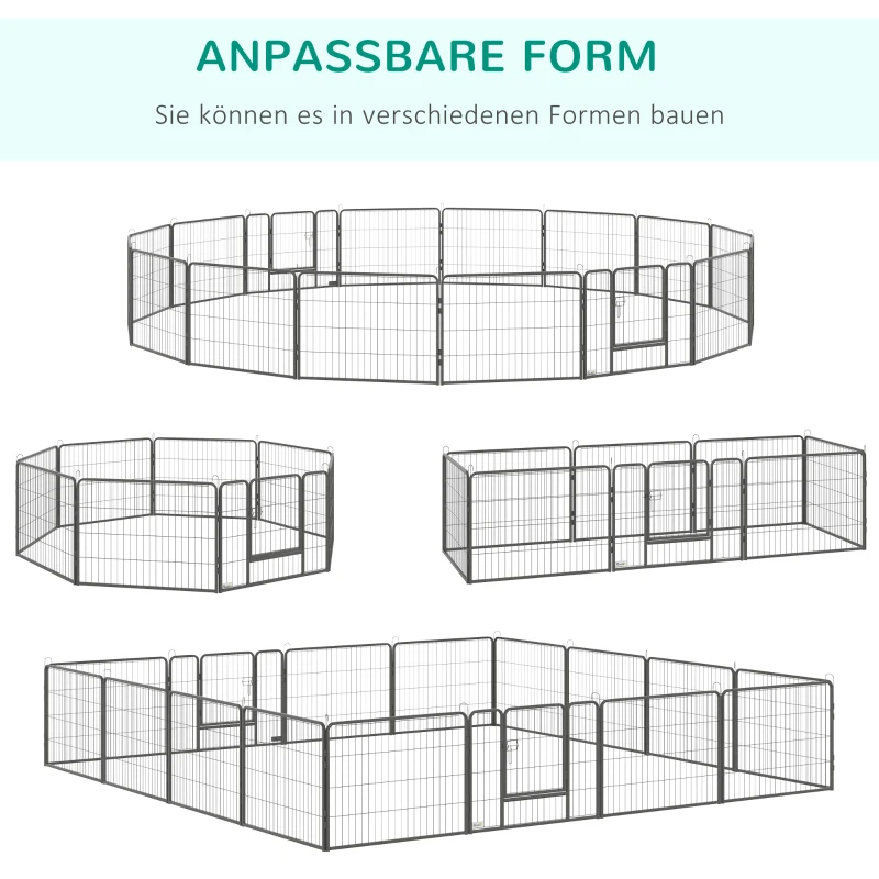PawHut puppyren buiten 16 segmenten 60 cm hoog Pet Box Puppy Gate Hek Kinderbox Box Hond Behuizing Outdoor Grid Puppy Aanpasbaar met 2 Deuren Staal Grijs(m-4)