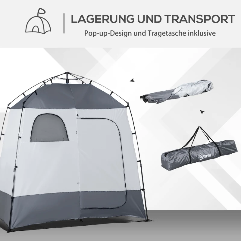 Outsunny Douchetent voor 2 Personen Toilettent met Transporttas 3 Deuren 2 Ramen Camping Omkleedtent Kleedkamer Opbergtent Lichtgrijs + Grijs
