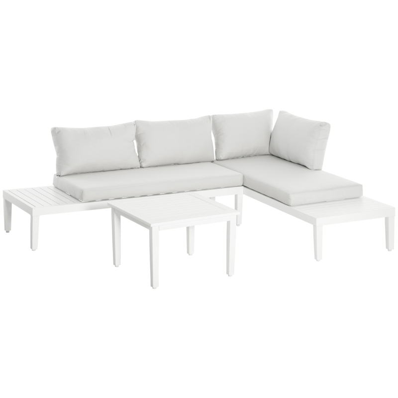 Outsunny 3-delige tuinmeubelset met bijzettafel, balkonmeubelset, bank met kussens, L-vorm, buiten, in aluminium, crèmewit
