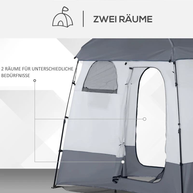 Outsunny Douchetent voor 2 Personen Toilettent met Transporttas 3 Deuren 2 Ramen Camping Omkleedtent Kleedkamer Opbergtent Lichtgrijs + Grijs