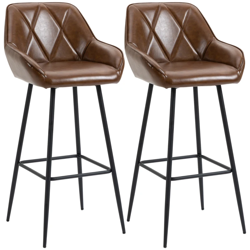 HOMCOM Retro Bar Stools Set of 2, Breakfast Bar Chairs with Footrest, Kitchen Stools with Backs and Steel Legs, for Dining Area and Home Bar, Brown