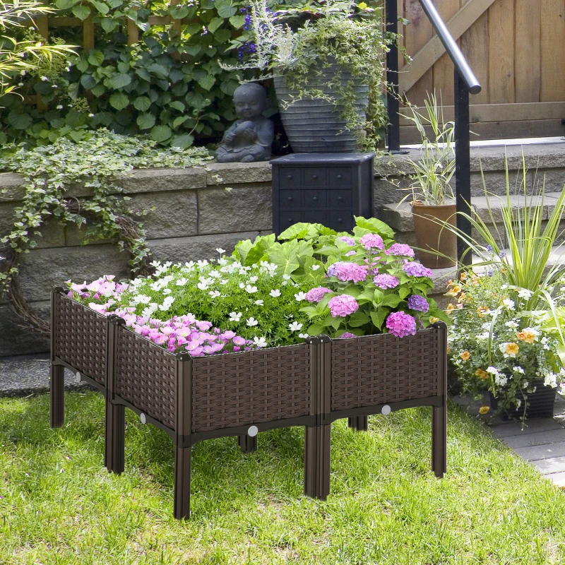 Outsunny verhoogd bed 4-delige plantenbak met drainagegaten rotan look bloembak DIY bruin 40 x 40 x 44 cm