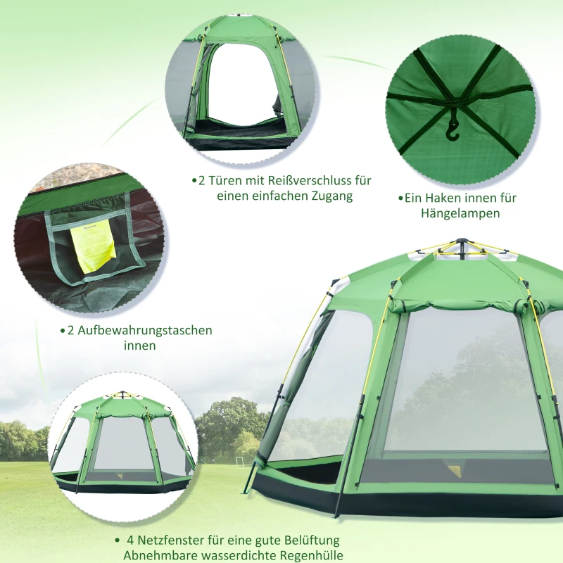 Outsunny Kampeertent 6 Persoons Tent Familietent Koepeltent PU2000mm Gemakkelijk op te zetten voor gezinnen Trekking Festival Staal Glasvezel Groen 320 x 320 x 180 cm