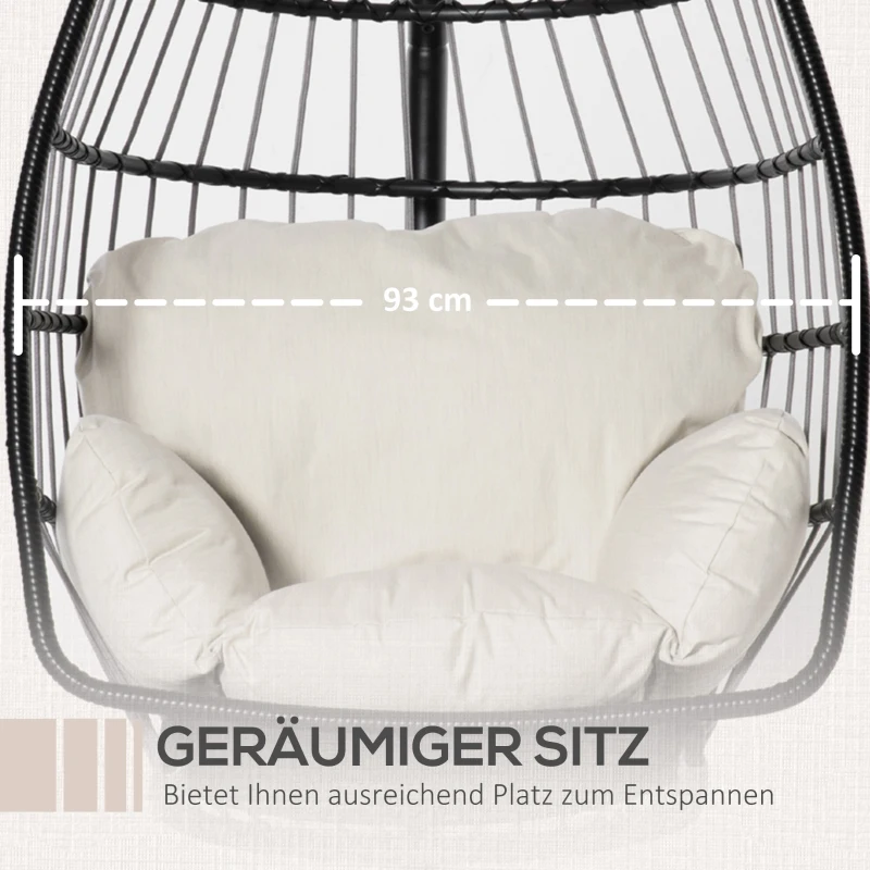 Outsunny hangstoel hangmand met frame hangende schommel hangstoel met kussenmand opvouwbaar metaal zwart + crème wit 101 x 101 x 188 cm