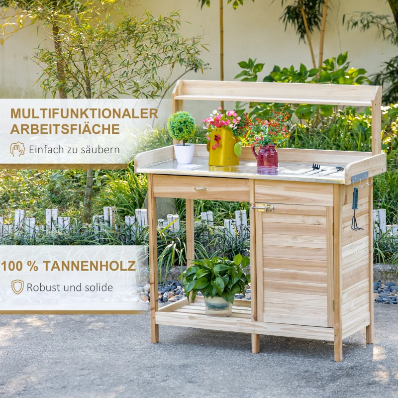 Outsunny planttafel met gegalvaniseerd werkblad, tuintafel met lade, kast, tuinwerktafel, massief hout, naturel, 112 x 45 x 125 cm