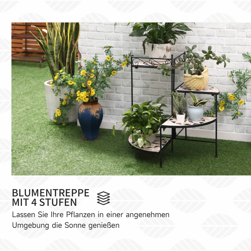 Outsunny Bloemenstandaard 4-dekuge Bloementrap Opvouwbaar Decoratief Binnen Buiten Tuin Balkon Metaal Keramische Tegels Zwart+Beige 64 x 64 x 72 cm
