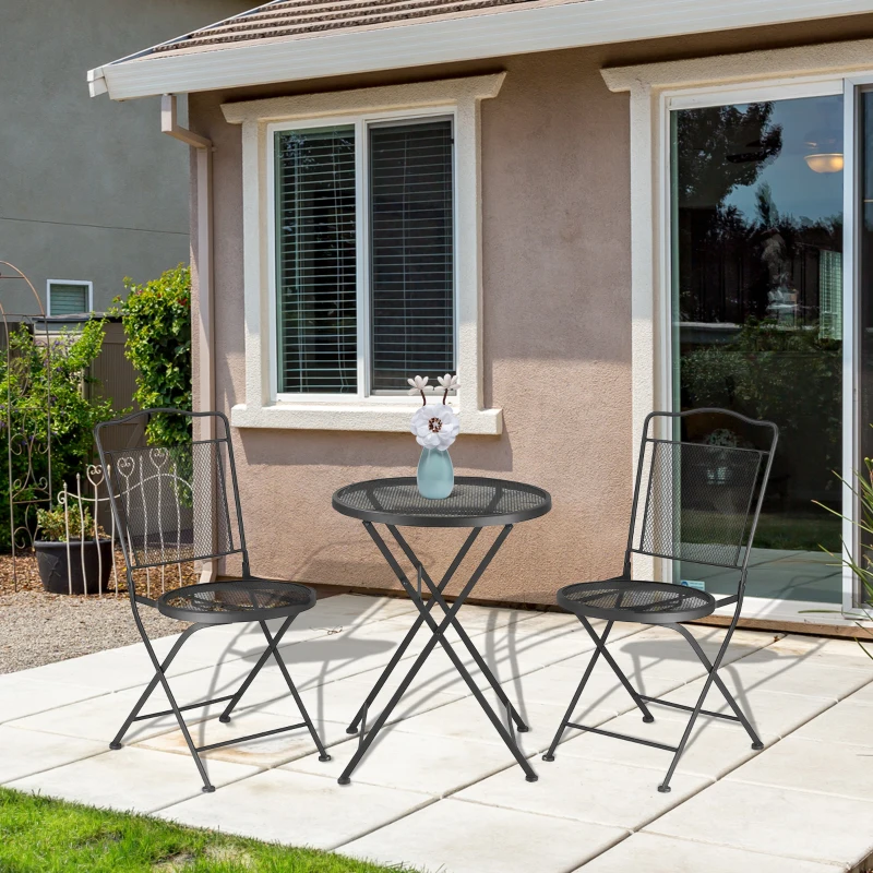 Outsunny zitgroep, 3-delige eetset, bistroset, tuinmeubelset, balkonmeubelset, 1 tafel + 2 stoelen met parasolgat, terras, metaal, zwart