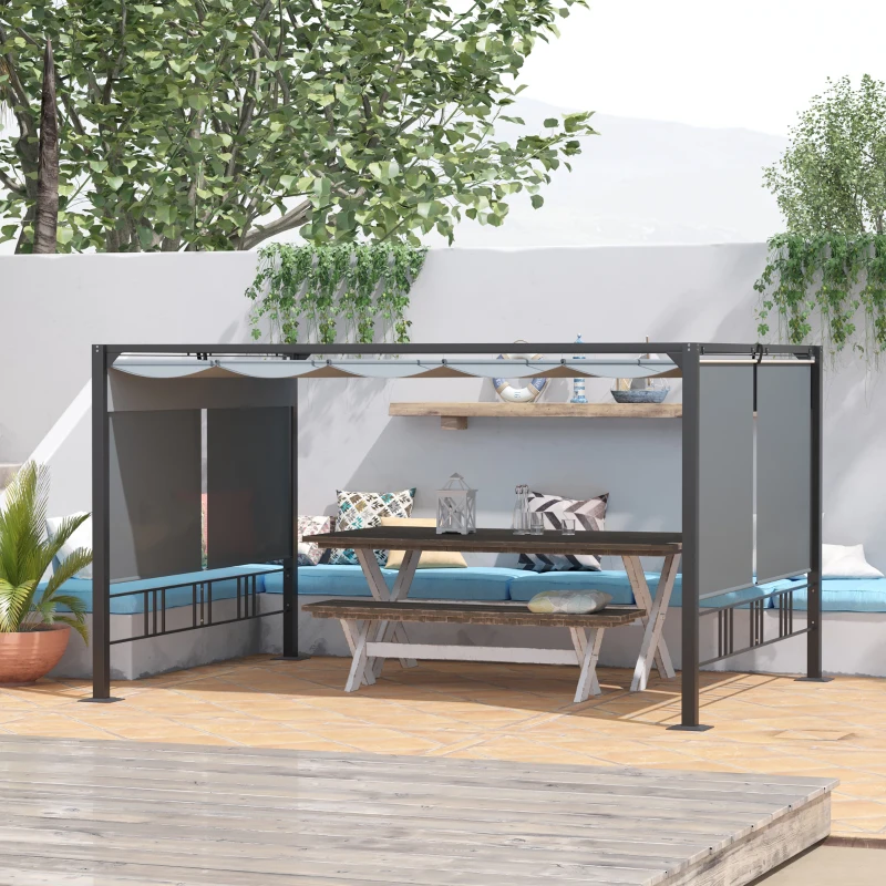 Outsunny Pergola Tuingazebo 3,9 x 2,9 m met zonneluifel en 4 automatische rolluiken Waterdicht voor tuinbekleding Tuinmeubelen Aluminium Polyester Donkergrijs