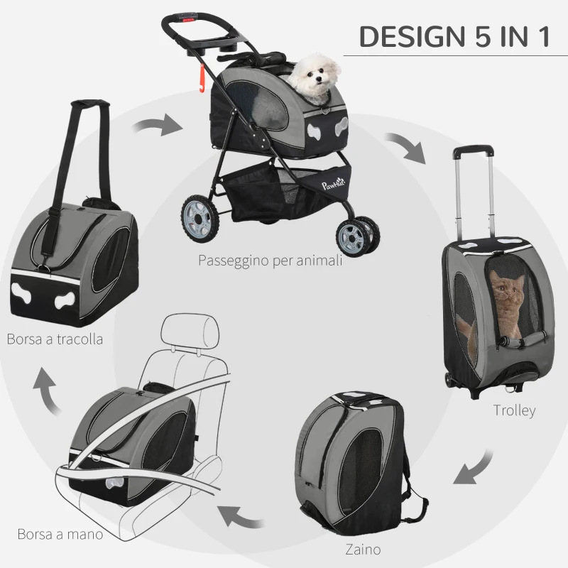 PawHut Passeggino per Cani Design 5 in 1 Piccoli Max. 8kg con Trasportino Staccabile, Passeggino per Gatti Pieghevole, Nero Grigio, 100x45x92cm