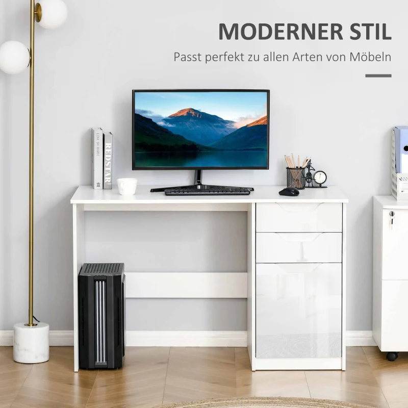 HOMCOM bureau computer tafel met 2 lades kast werktafel bureau tafel groot tafelblad hoogglans wit 120 x 60 x 76 cm