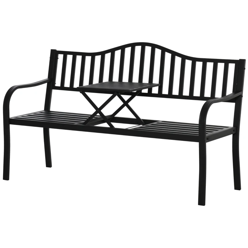 Outsunny Tuinbank met uitschuifbare tafel voor 2-3 personen Metalen parkbank Zitbank Terrasbank met rugleuning en armleuningen Tuinmeubels Zwart 150 x 58.5 x 90 cm