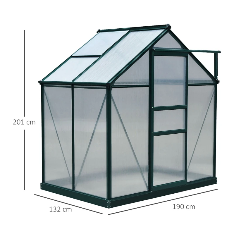 Outsunny kas aluminium kas met dakraam deur 190 x 132 x 201 cm plantenhuis met fundering inloop tomatenhuis weerbestendig polycarbonaat groen + transparant