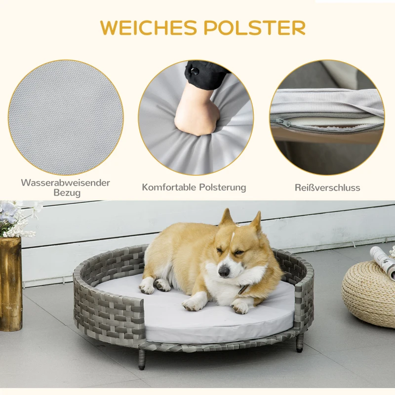 PawHut hondenmand hondensofa kattenmand met kussen kattensofa hondenmand voor middelgrote en kleine honden rotan grijs 75 x 75 x 20 cm