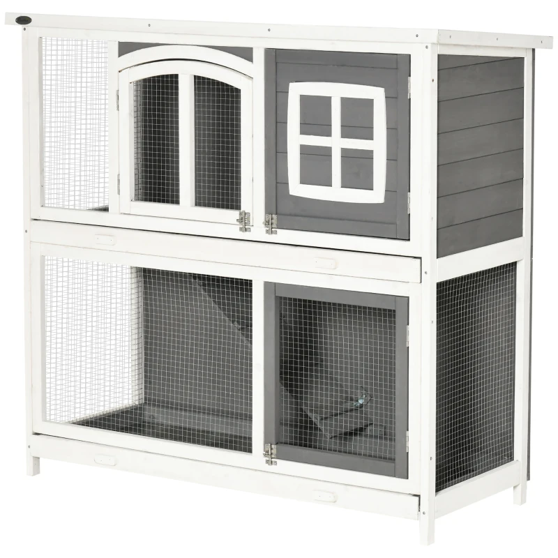Pawhut hok voor kleine dieren Kooi voor kleine dieren met bodempan en oprit cavia hok cavia kooi 2 verdiepingen klein dierenhok dennenhout wit + grijs 117 x 49 x 108 cm