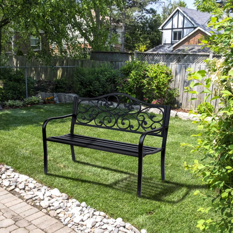 Outsunny Tuinbank 3-zits Stalen Bank Bank met Armleuningen Gietijzer Zwart 127 x 60 x 89 cm