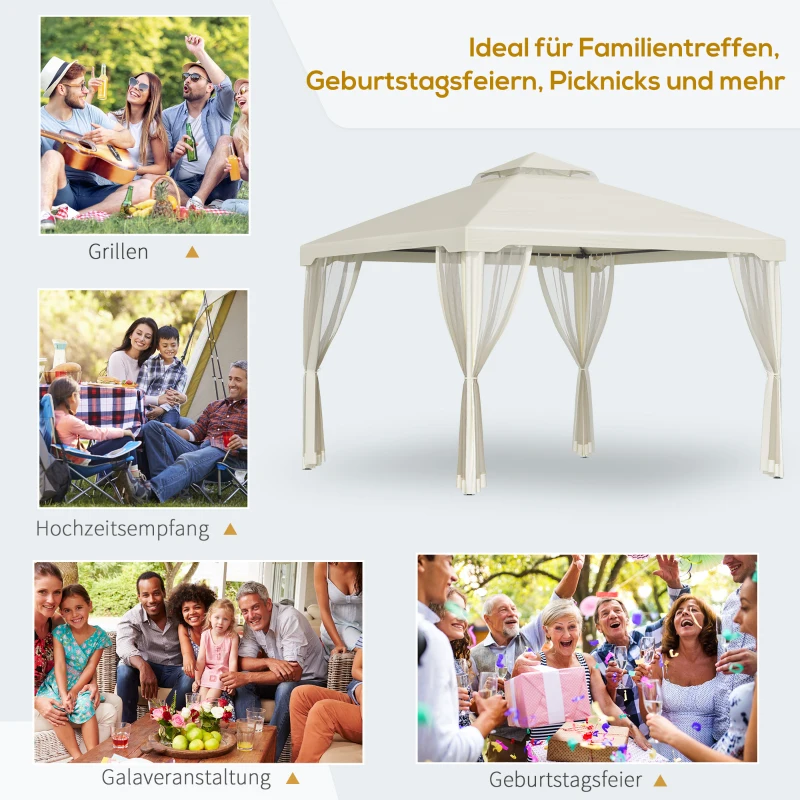 Outsunny tuinpaviljoen gazebo tuintent partytent met 4 x zijwand weerbestendig metaal + polyester crème wit 3 x 3 x 2.6 m