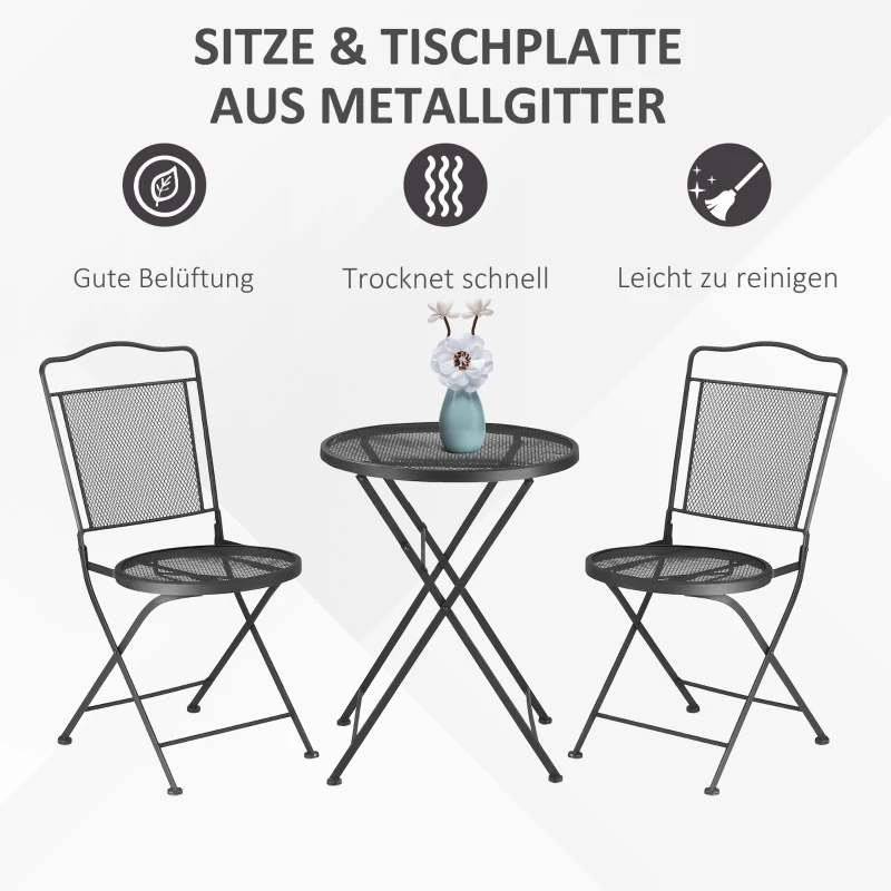 Outsunny zitgroep, 3-delige eetset, bistroset, tuinmeubelset, balkonmeubelset, 1 tafel + 2 stoelen met parasolgat, terras, metaal, zwart