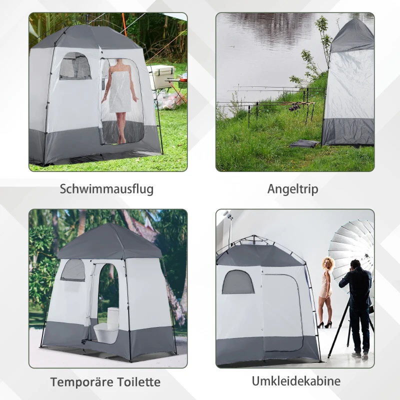 Outsunny Douchetent voor 2 Personen Toilettent met Transporttas 3 Deuren 2 Ramen Camping Omkleedtent Kleedkamer Opbergtent Lichtgrijs + Grijs