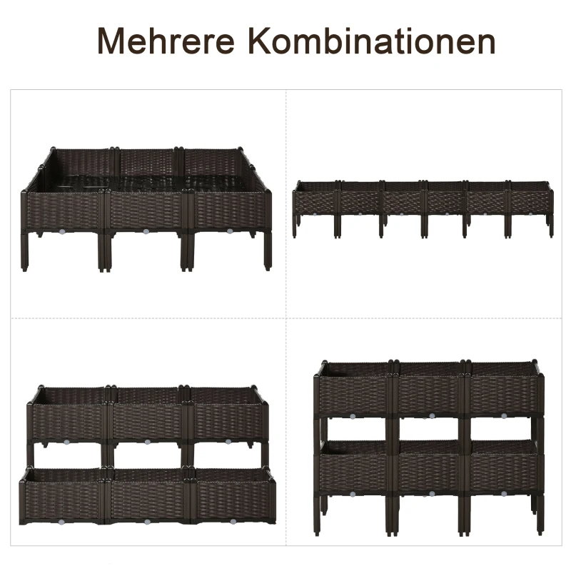 Outsunny verhoogd bed 6-delige plantenbak met drainagegaten rotan look bloembak DIY bruin 40 x 40 x 44 cm