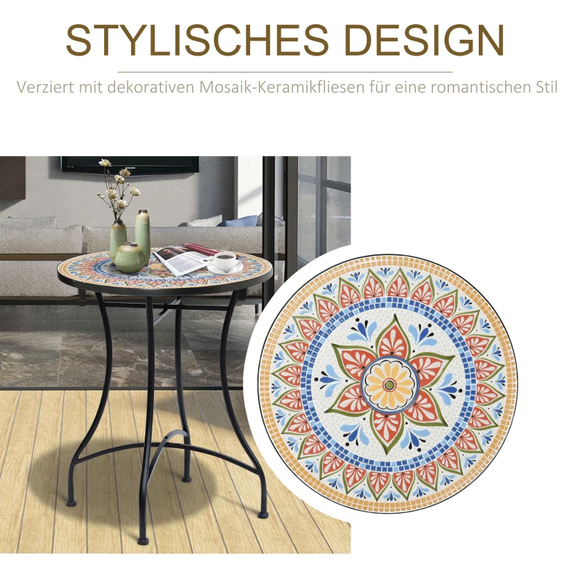 Outsunny tuintafel mozaïek tafel ronde bistrotafel bijzettafel met mozaïek blad keramiek metaal rood + blauw + wit Ø60 cm