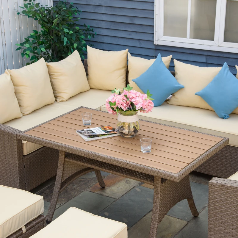 Outsunny 6-delig poly rotan bankstel voor tuin en terras incl. kussens, weerbestendig, bijzettafel, loungemeubel, bruin + kaki + blauw