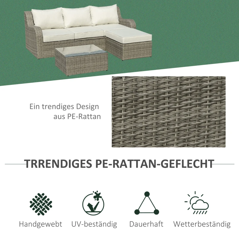 Outsunny 3-delige Polyrattan tuinmeubelset, tuinset, tuinset, loungeset, loungeset, loungemeubel met bijzettafel, aluminium kussens, lichtgrijs en beige