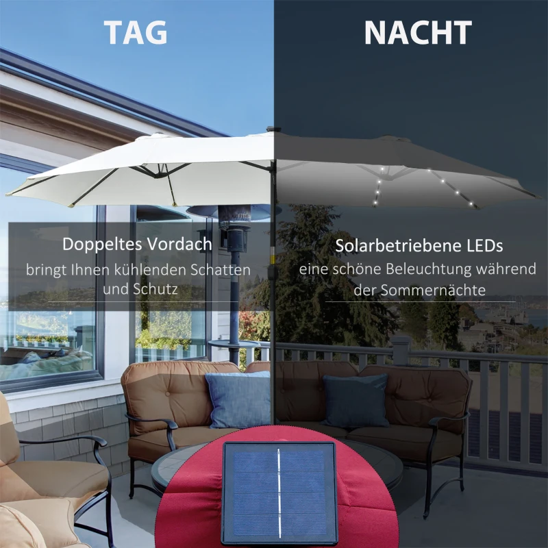 Outsunny parasol met LED zonne-energie 4,5 m dubbele parasol tuinparasol marktparasol terrasparasol ovaal zwart en crème wit