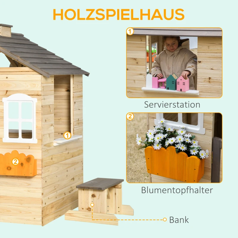 Outsunny speelhuis voor kinderen, houten kinderspeelhuis met raam, brievenbus, buitentuin speelhuis met bloempottenrek, houten speelhuis voor 3-7 jaar, dennenhout, naturel, 113 x 94 x 134,5 cm