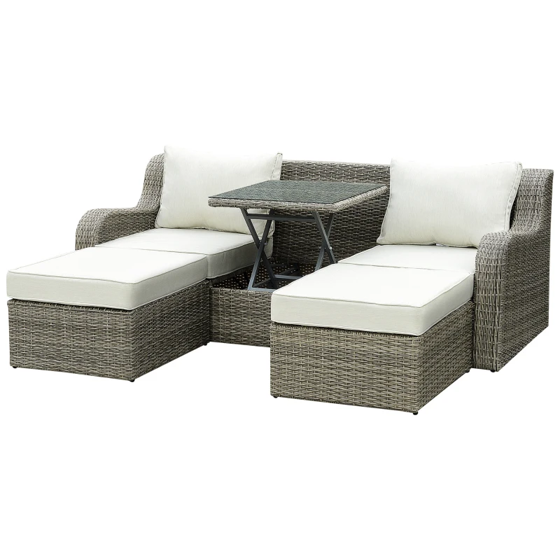 Outsunny 3-delige Polyrattan tuinmeubelset, tuinset, tuinset, loungeset, loungeset, loungemeubel met bijzettafel, aluminium kussens, lichtgrijs en beige