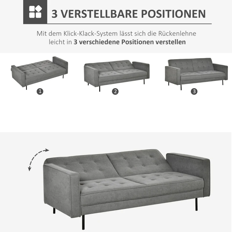 HOMCOM slaapbank 3-zits slaapbank stof sofa met slaapfunctie slaapbank met bed box hoek verstelbaar vintage eucalyptus hout katoen grijs