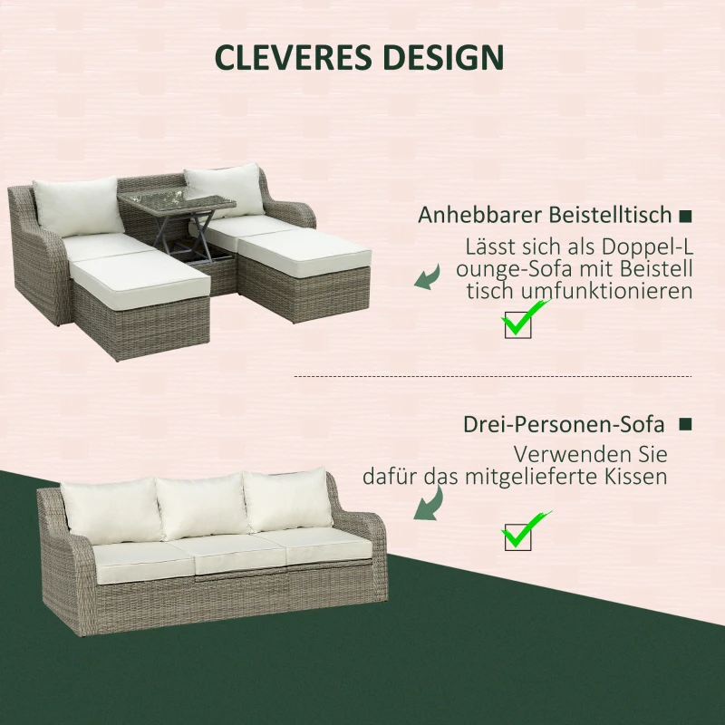 Outsunny 3-delige Polyrattan tuinmeubelset, tuinset, tuinset, loungeset, loungeset, loungemeubel met bijzettafel, aluminium kussens, lichtgrijs en beige