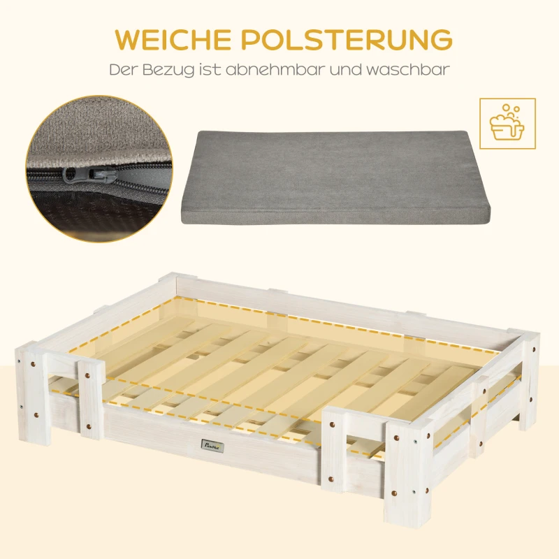 PawHut verhoogd hondenbed met kussen en houten frame Hondenbank Hondenbed Kattenbank Hondenbank Hondenslaapplaats voor kleine en middelgrote honden Wasbare hoes Wit+grijs 90 x 60 x 20 cm