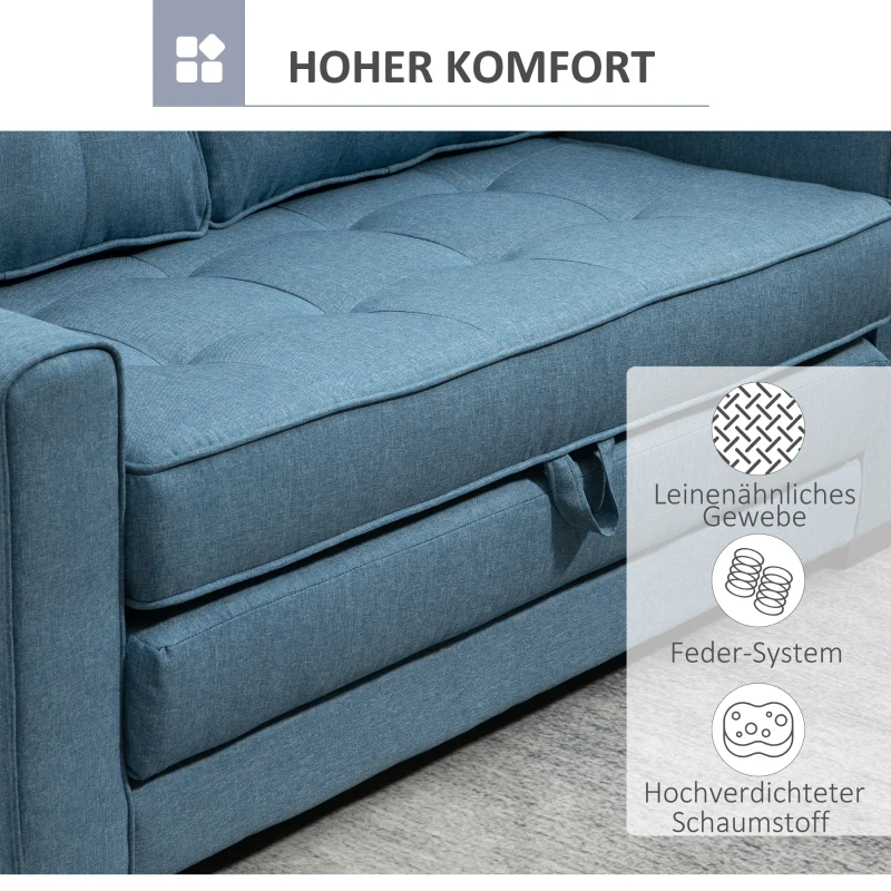 HOMCOM Opklapbare Slaapbank 2-Zits, Compacte Blauwe Slaapbank voor Woonkamer, Ideaal voor Familie, Blauw