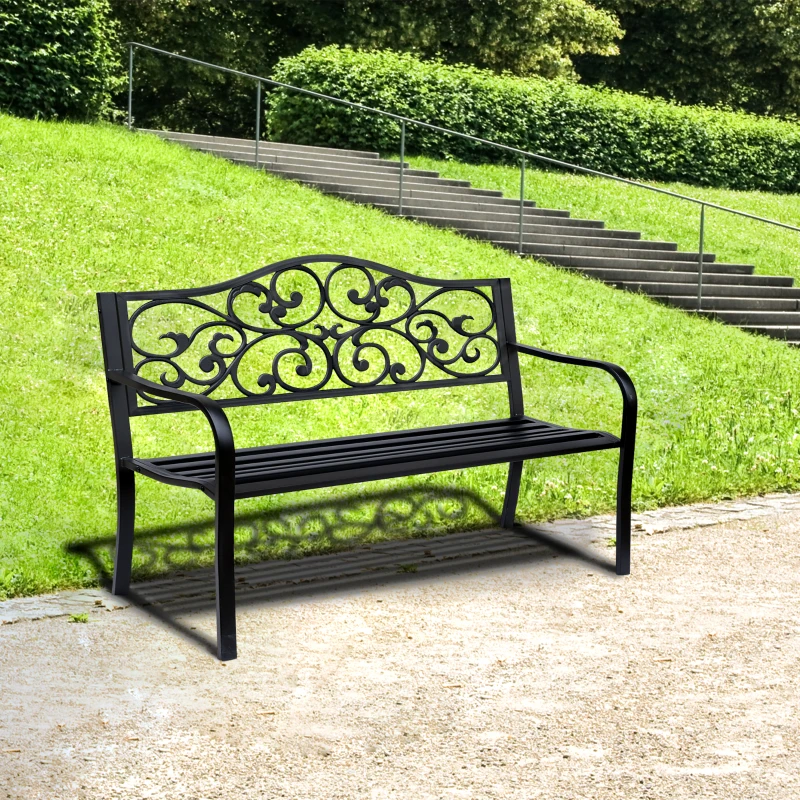 Outsunny Tuinbank 3-zits Stalen Bank Bank met Armleuningen Gietijzer Zwart 127 x 60 x 89 cm