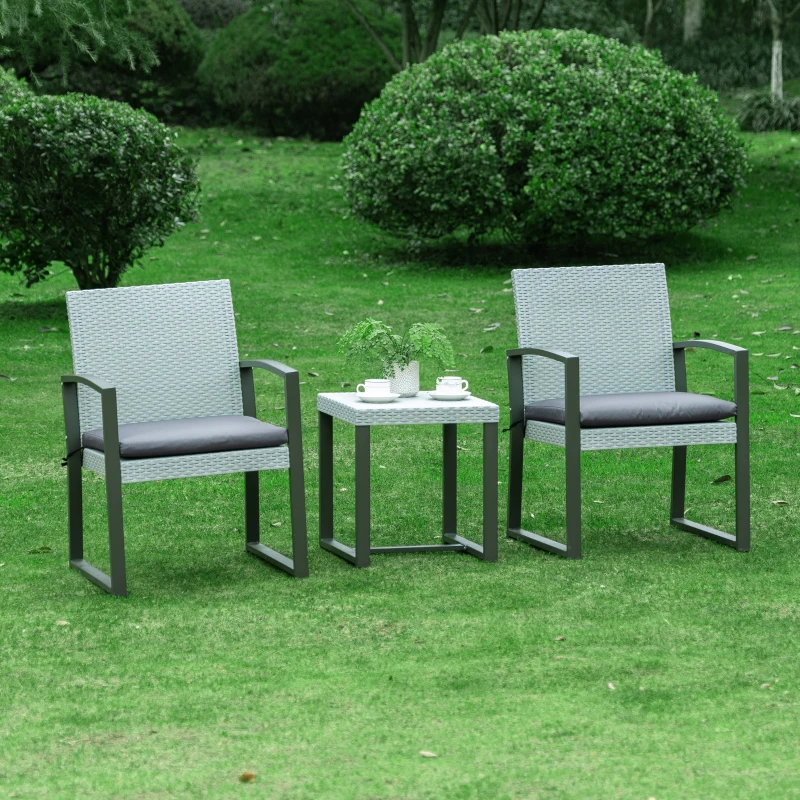 Outsunny poly rotan bistro set 3 st. Balkonmeubelset, tuinmeubelset met bijzettafel, tuinset, zitset met zitkussen, staal, zwart en grijs