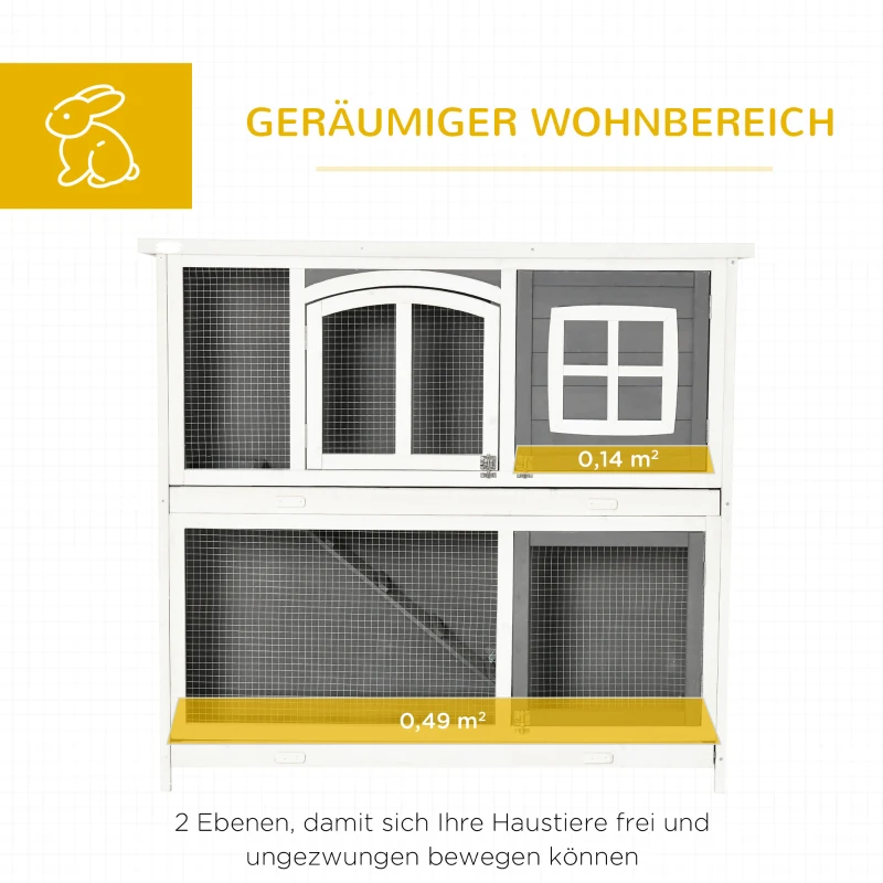 Pawhut hok voor kleine dieren Kooi voor kleine dieren met bodempan en oprit cavia hok cavia kooi 2 verdiepingen klein dierenhok dennenhout wit + grijs 117 x 49 x 108 cm