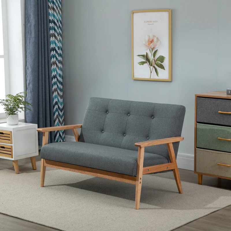 HOMCOM 2 zits bank twee zits stoffen bank tweezits bank bekleding loveseat compact design linnen rubber hout grijs 115 x 66.5 x 73 cm(m-10)