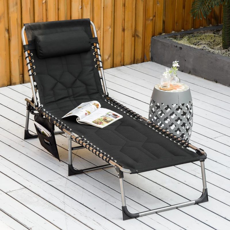 Outsunny opvouwbaar ligbed tuin ligbed met kussen tuin 5-traps verstelbare rugleuning staal Oxford stof zwart 188 x 57 x 30 cm