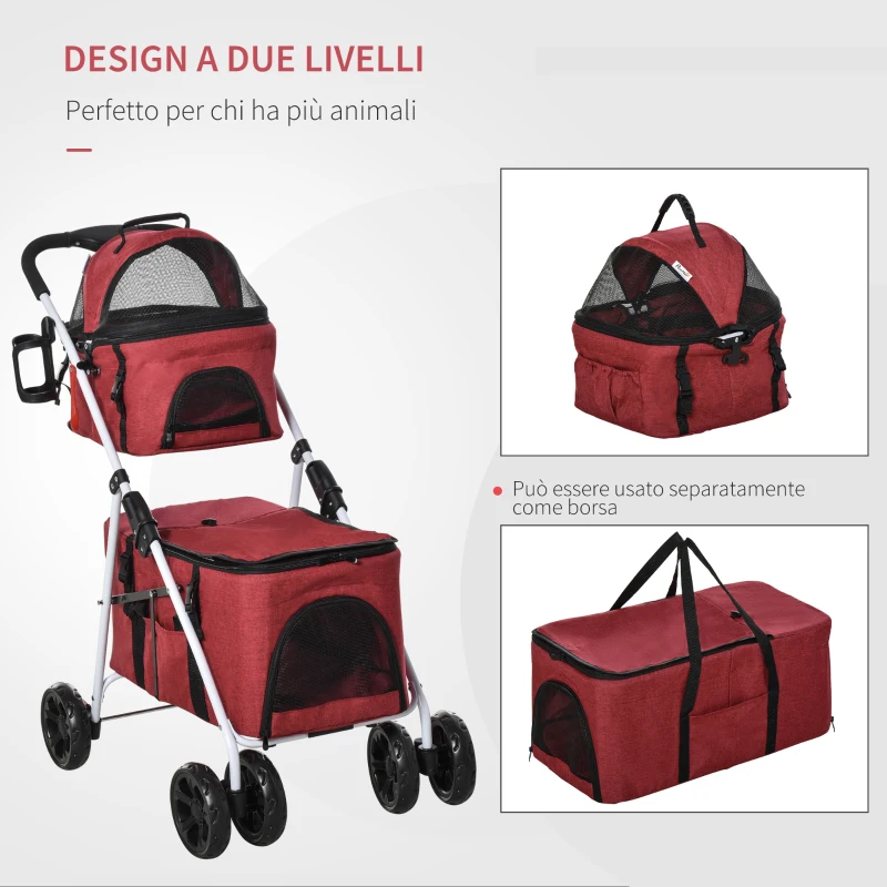 PawHut Passeggino a 2 Livelli per Cani e Gatti Pieghevole con Trasportino Morbido Rimovibile, per 2 Animali di 4kg e 10kg, Rosso
